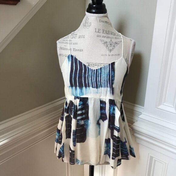 Tibi Peplum Racerback Blouse Top Shirt Womens 4 Cream Blue Sleeveless V-Neck - Picture 2 of 11
